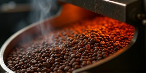 Dettaglio di una macchina per la tostatura del caffè in funzione con chicchi in movimento.