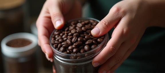 Mani che versano chicchi di caffè in un contenitore, simbolo di miscelazione personalizzata.
